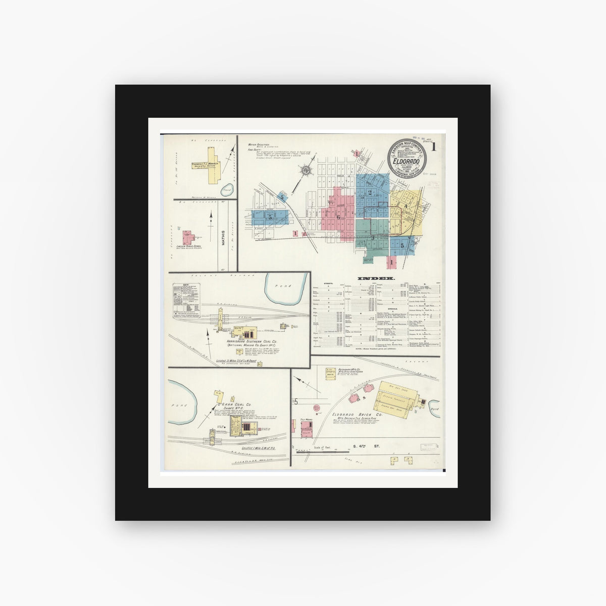 Old map wall art mockup — black gallery frame with white mat — Sanborn Fire Insurance Map from Eldorado, Saline County, Illinois (1911) - Complete Map Set