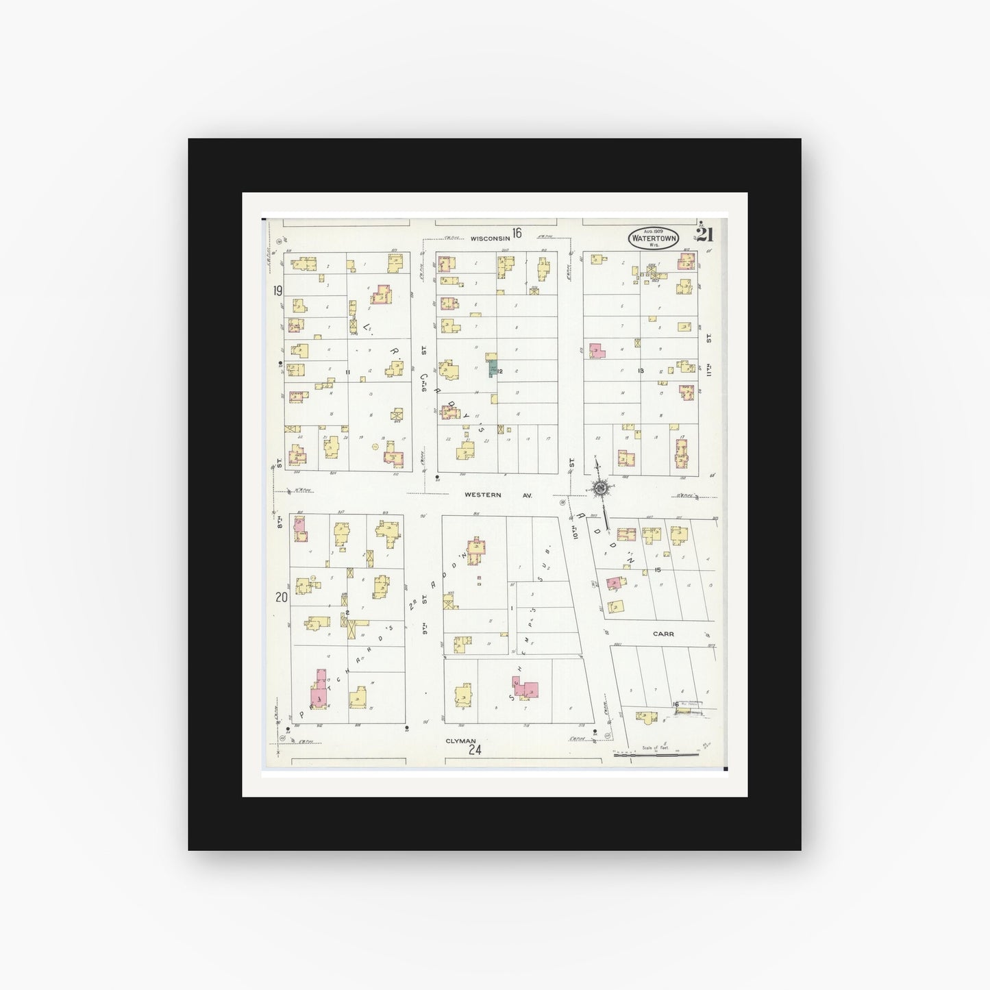 Old map wall art mockup — black gallery frame with white mat — Sanborn Fire Insurance Map from Watertown, Jefferson County, Wisconsin (1909), Sheet #0021