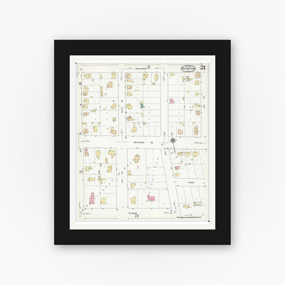 Old map wall art mockup — black gallery frame with white mat — Sanborn Fire Insurance Map from Watertown, Jefferson County, Wisconsin (1909), Sheet #0021