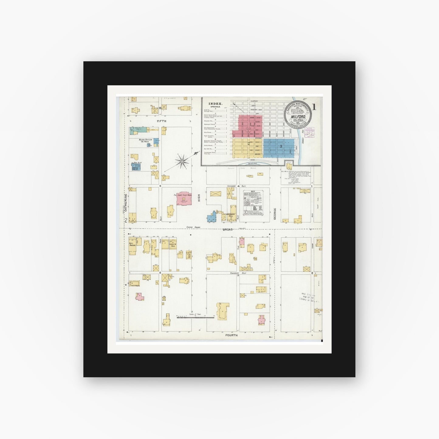 Old map wall art mockup — black gallery frame with white mat — Sanborn Fire Insurance Map from Milford, Pike County, Pennsylvania (1905), Sheet #0001