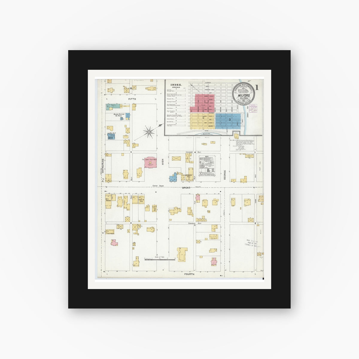 Old map wall art mockup — black gallery frame with white mat — Sanborn Fire Insurance Map from Milford, Pike County, Pennsylvania (1905), Sheet #0001