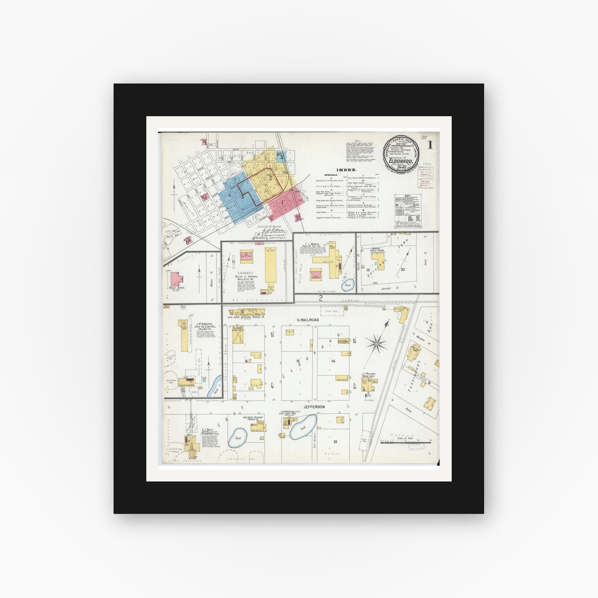 Old map wall art mockup — black gallery frame with white mat — Sanborn Fire Insurance Map from Eldorado, Saline County, Illinois (1900) - Complete Map Set