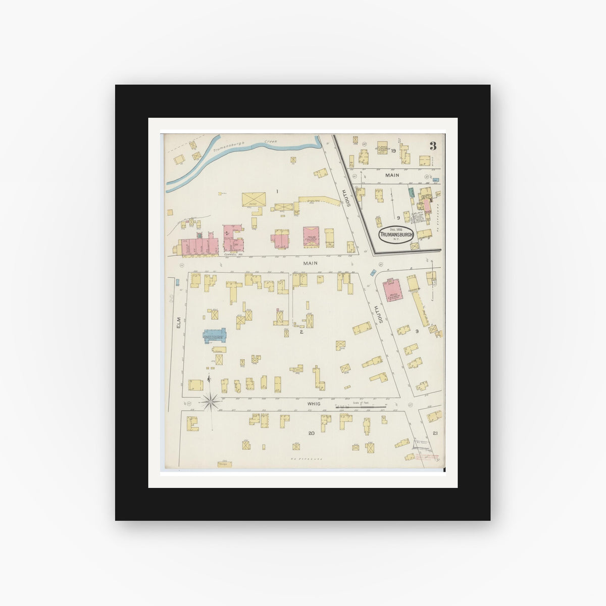 Old map wall art mockup — black gallery frame with white mat — Sanborn Fire Insurance Map from Trumansburg, Tompkins County, New York (1893), Sheet #0003