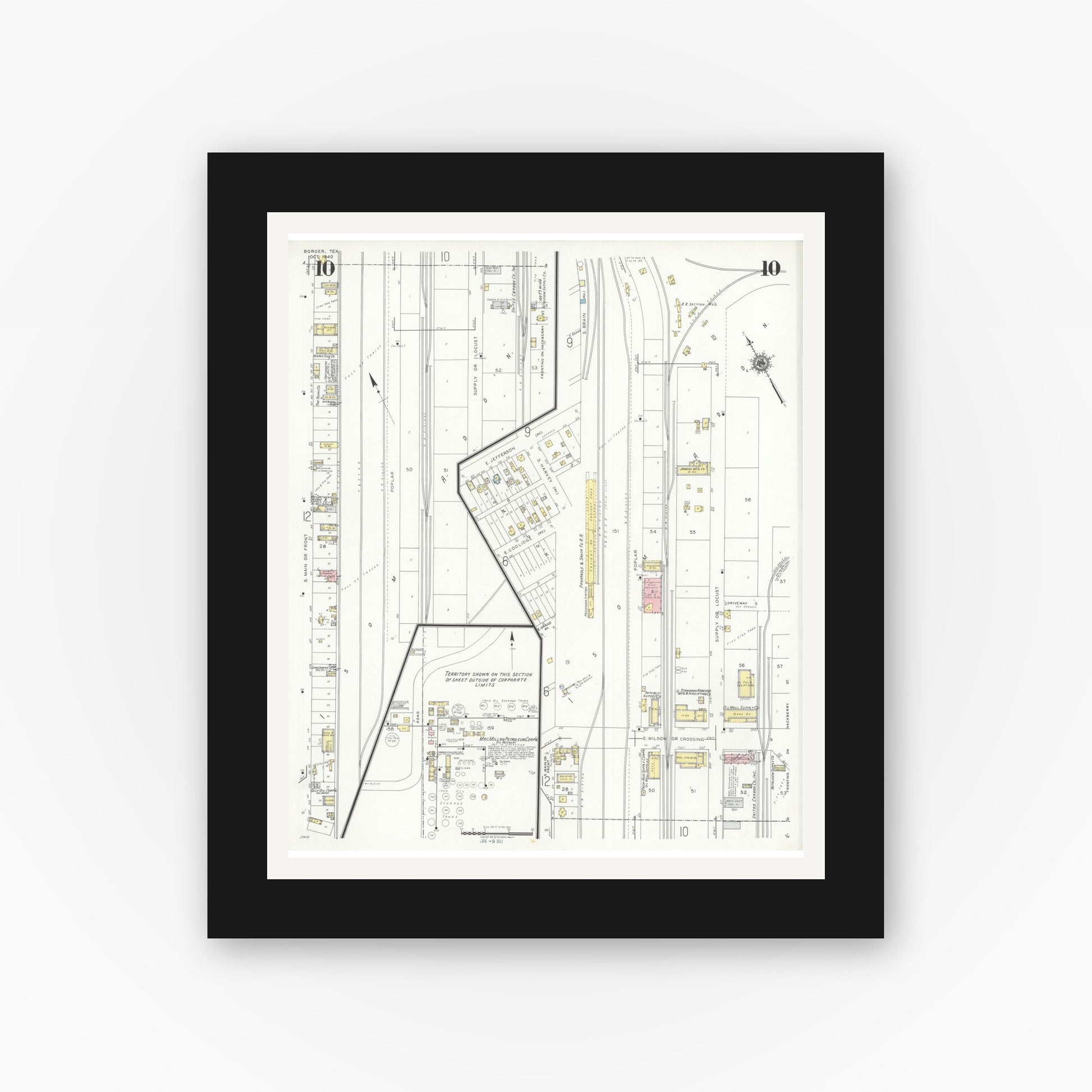 Old map wall art mockup — black gallery frame with white mat — Sanborn Fire Insurance Map from Borger, Hutchinson County, Texas (1940), Sheet #0010
