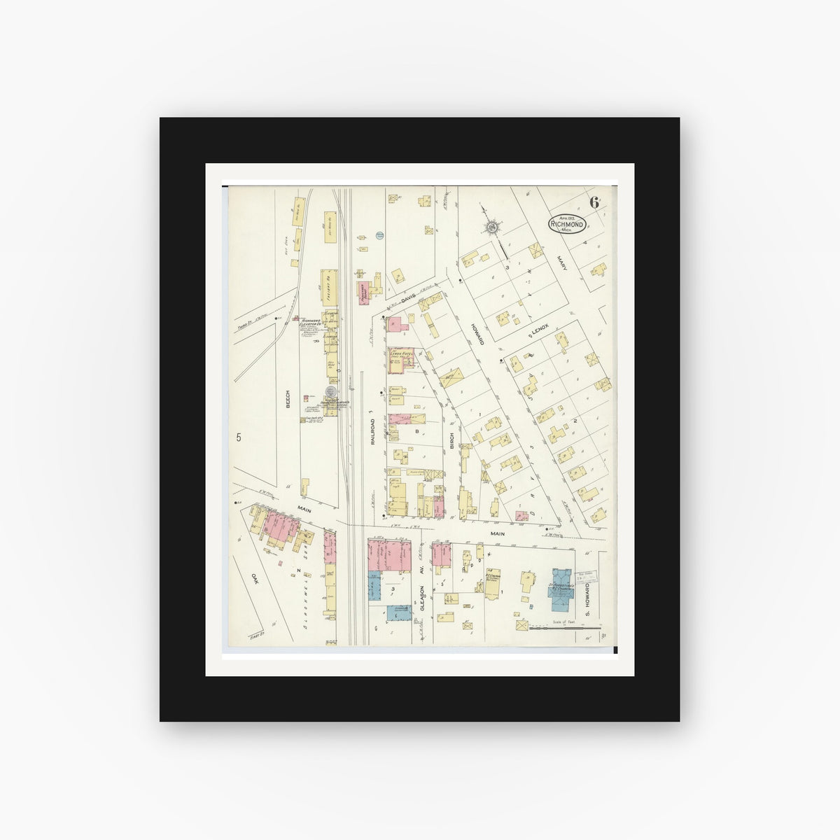 Old map wall art mockup — black gallery frame with white mat — Sanborn Fire Insurance Map from Richmond, Macomb County, Michigan (1913), Sheet #0006