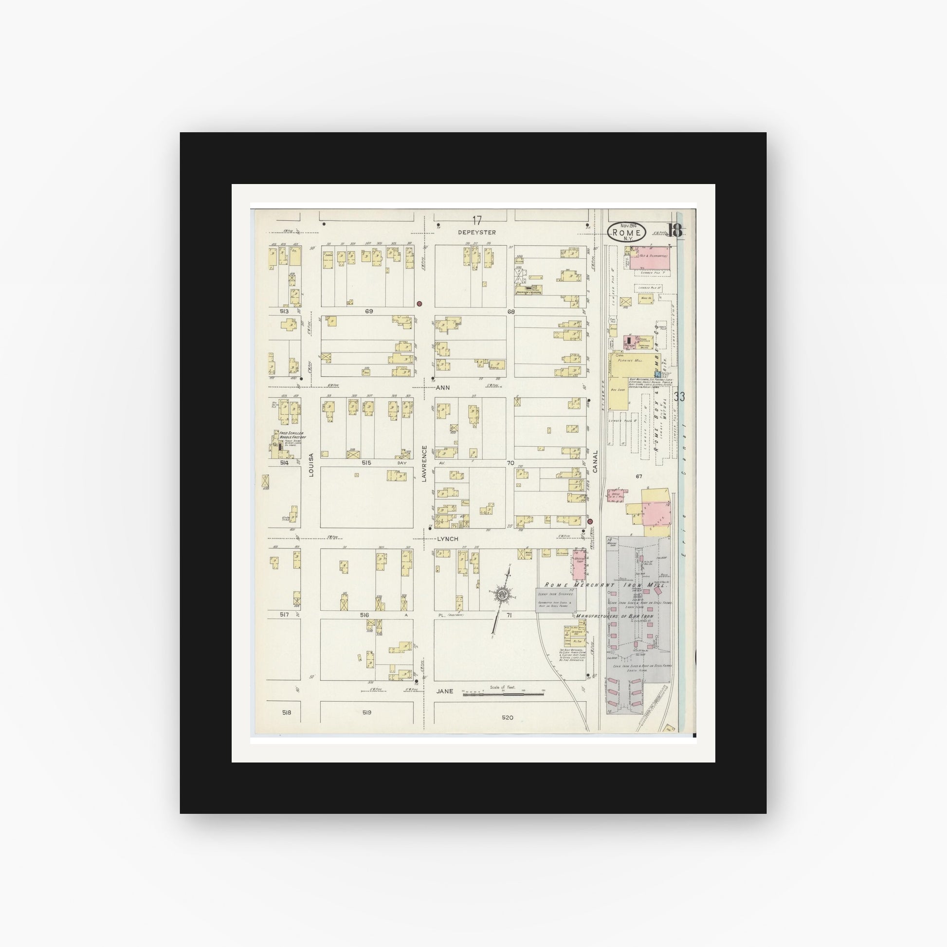 Old map wall art mockup — black gallery frame with white mat — Sanborn Fire Insurance Map from Rome, Oneida County, New York (1914), Sheet #0018