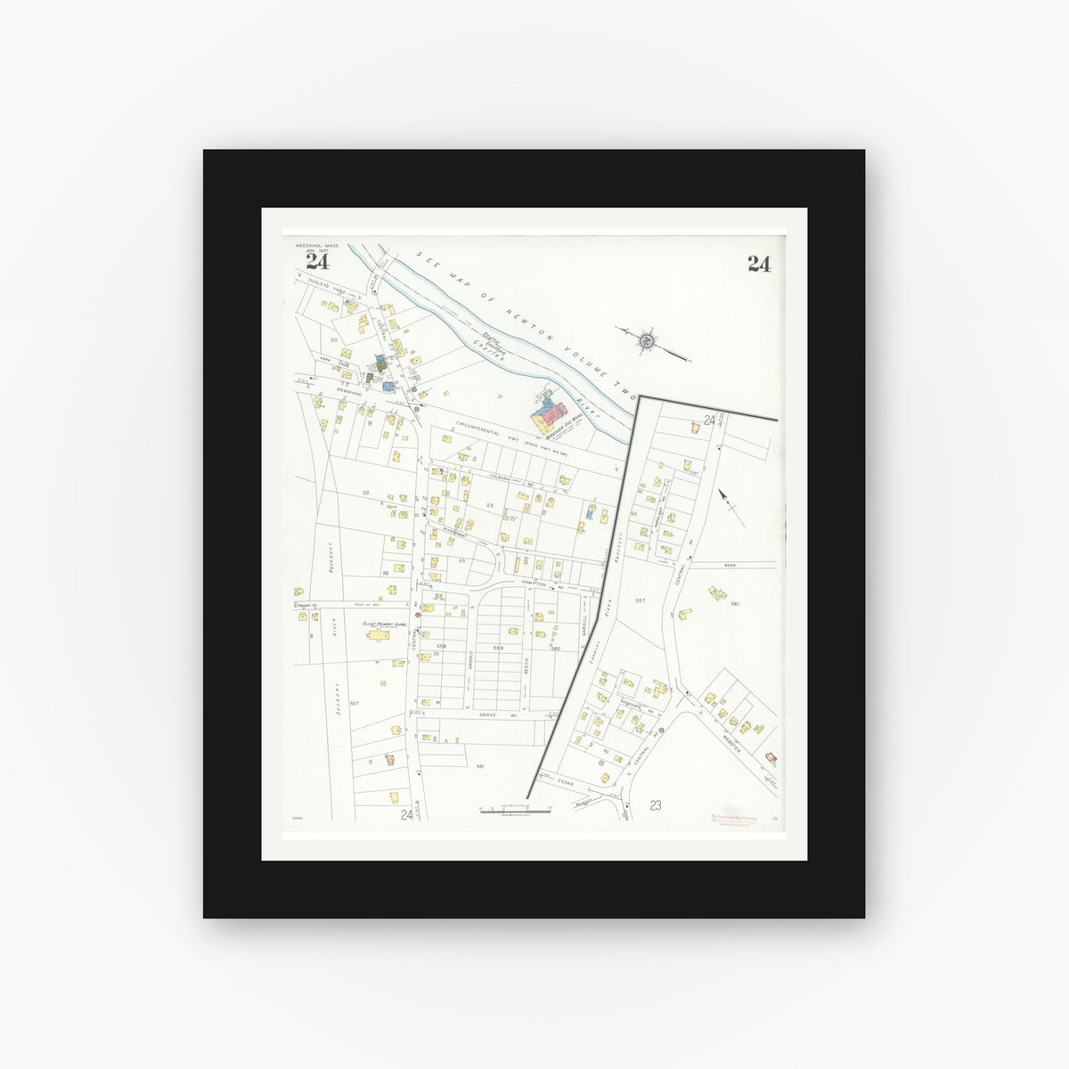 Old map wall art mockup — black gallery frame with white mat — Sanborn Fire Insurance Map from Needham, Norfolk County, Massachusetts (1937), Sheet #0024