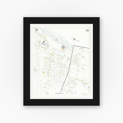 Old map wall art mockup — black gallery frame with white mat — Sanborn Fire Insurance Map from Needham, Norfolk County, Massachusetts (1937), Sheet #0024