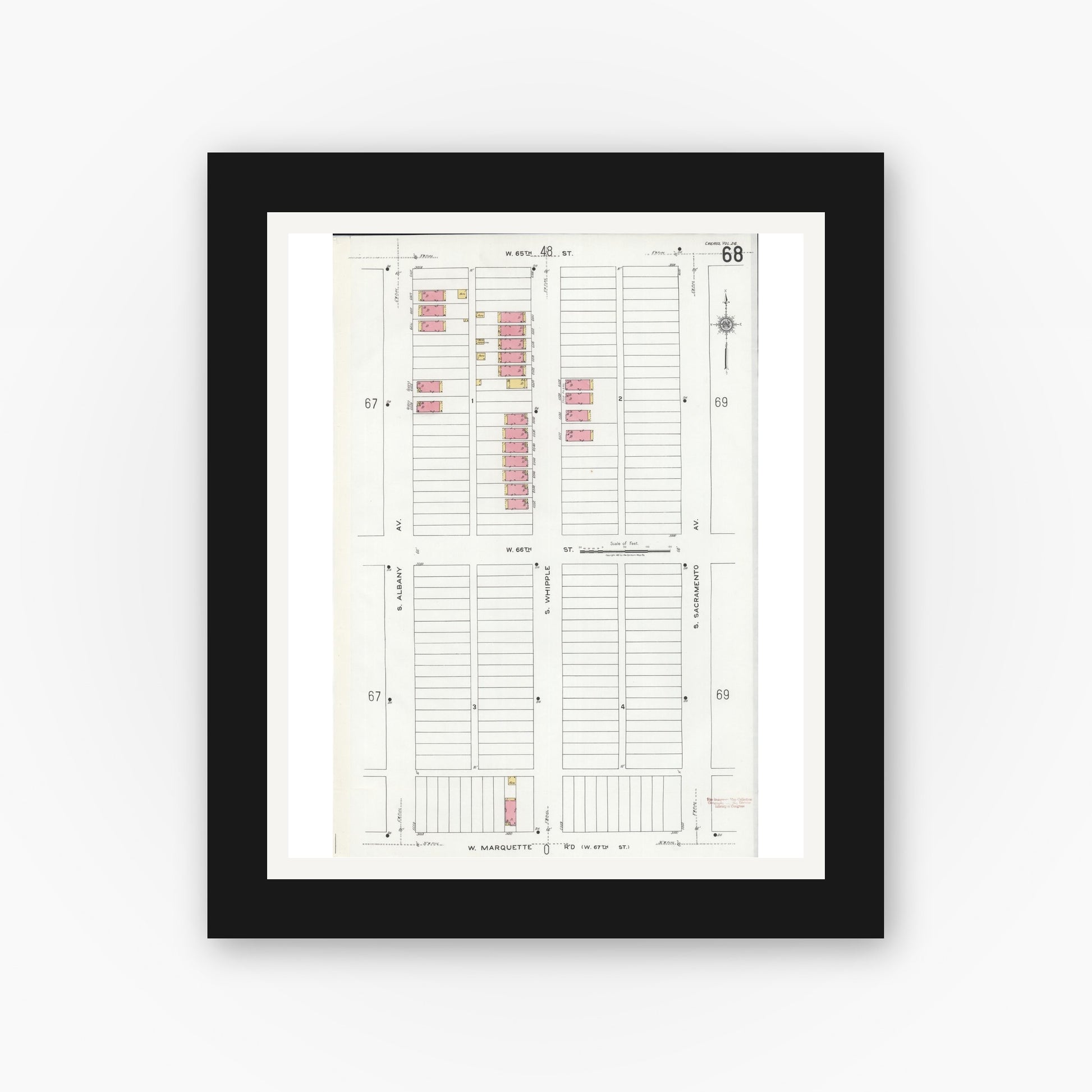 Old map wall art mockup — black gallery frame with white mat — Sanborn Fire Insurance Map from Chicago, Cook County, Illinois (1920), Sheet #0068