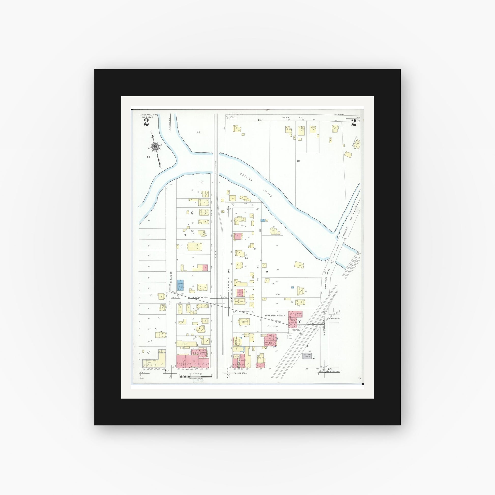 Old map wall art mockup — black gallery frame with white mat — Sanborn Fire Insurance Map from Loveland, Clermont, Hamilton, And Warren County, Ohio (1946), Sheet #0002