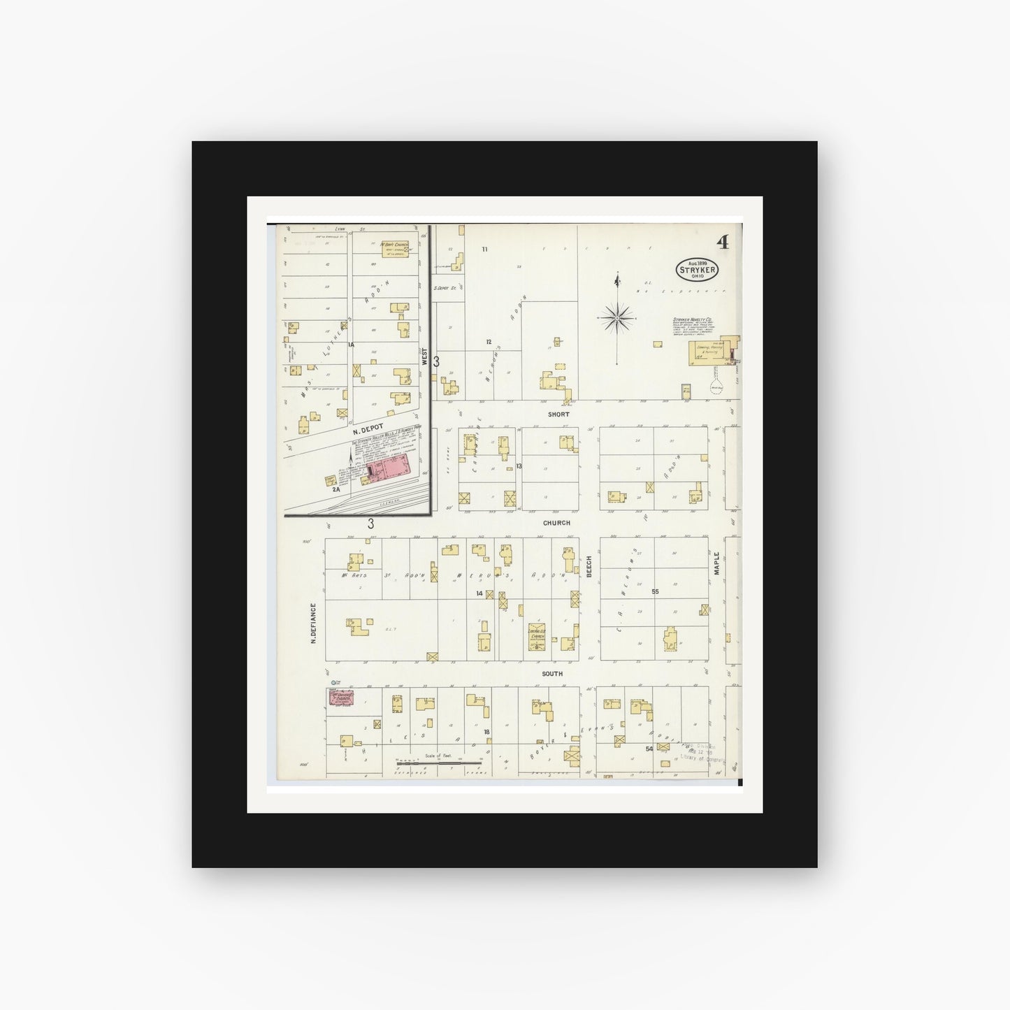 Old map wall art mockup — black gallery frame with white mat — Sanborn Fire Insurance Map from Stryker, Williams County, Ohio (1899), Sheet #0004