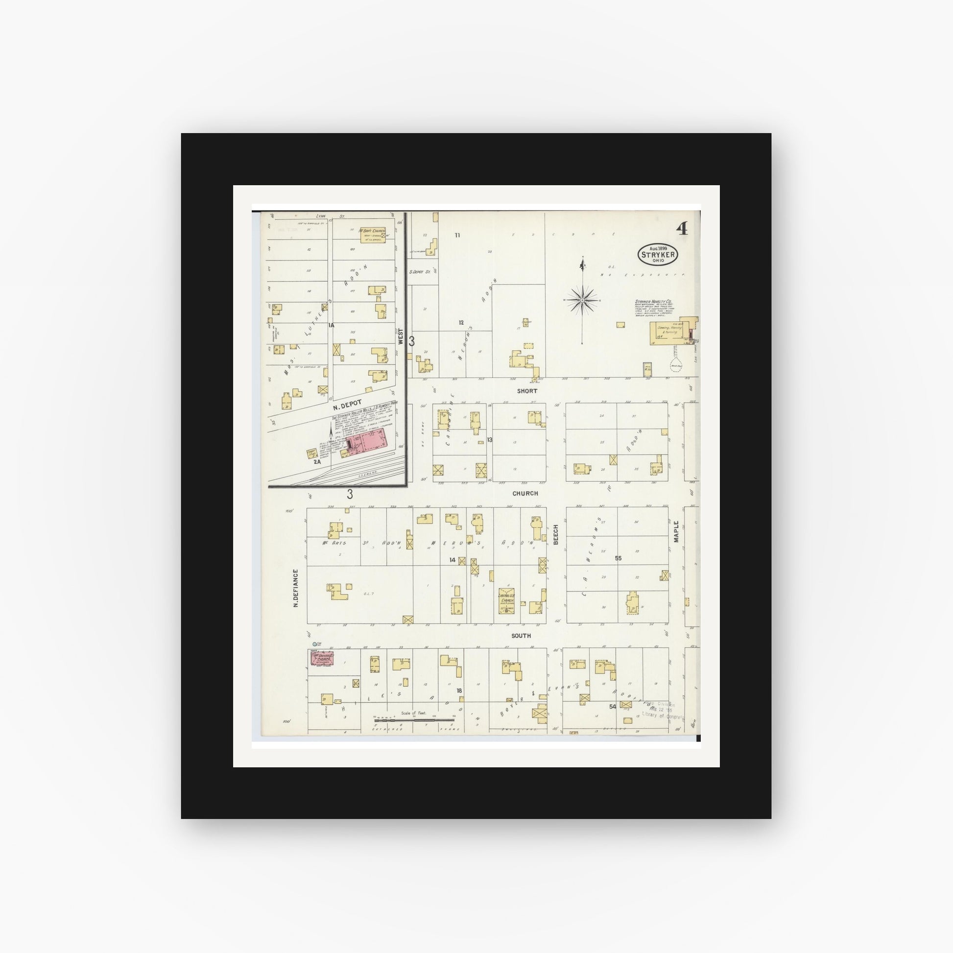 Old map wall art mockup — black gallery frame with white mat — Sanborn Fire Insurance Map from Stryker, Williams County, Ohio (1899), Sheet #0004