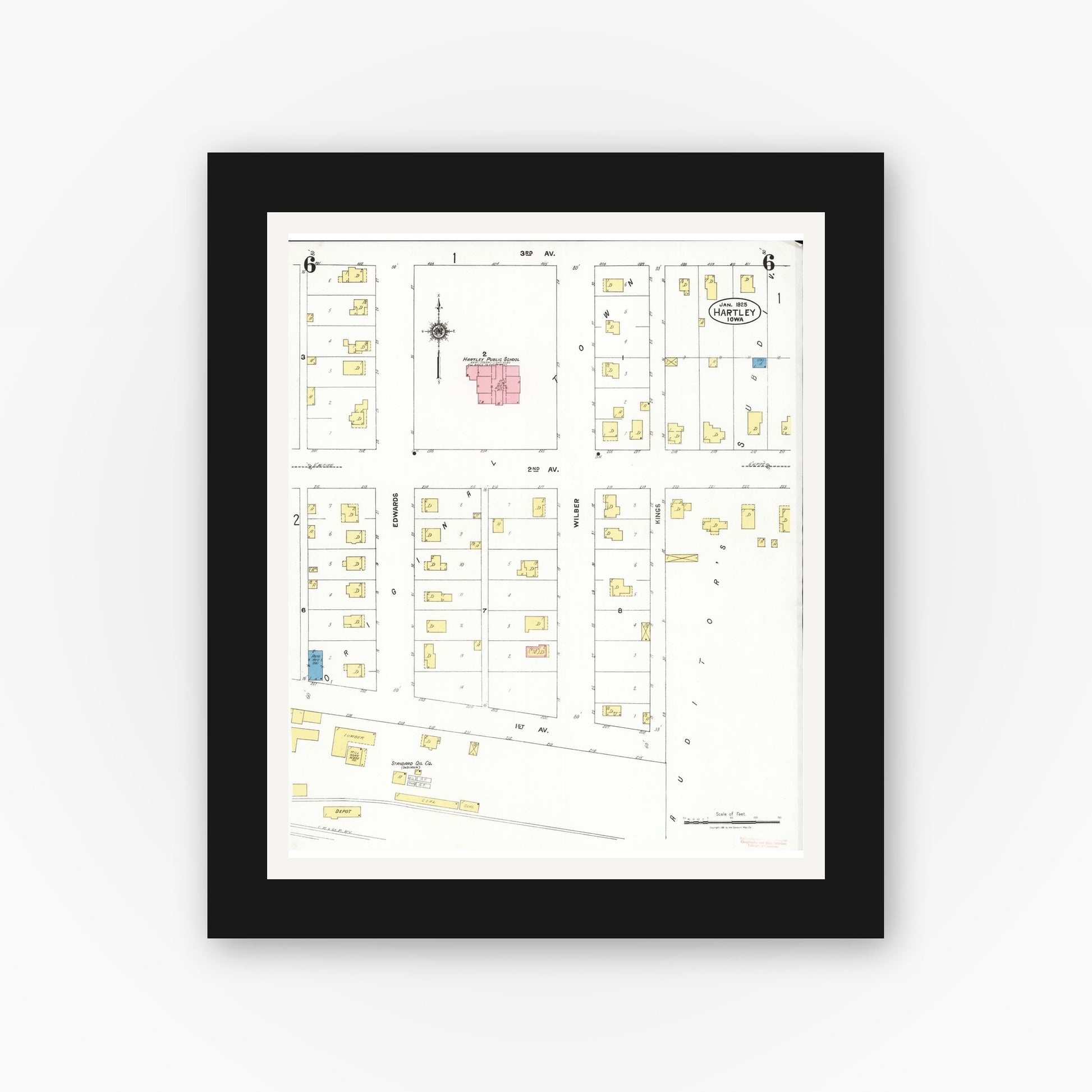 Old map wall art mockup — black gallery frame with white mat — Sanborn Fire Insurance Map from Hartley, O'Brien County, Iowa (1925), Sheet #0006