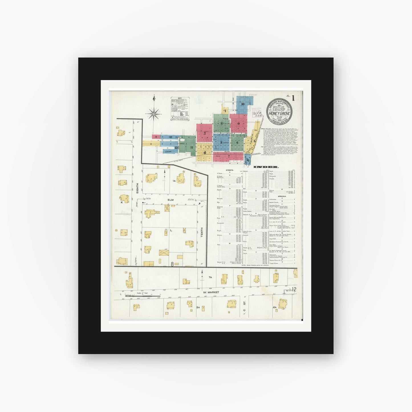 Old map wall art mockup — black gallery frame with white mat — Sanborn Fire Insurance Map from Honey Grove, Fannin County, Texas (1909) - Complete Map Set