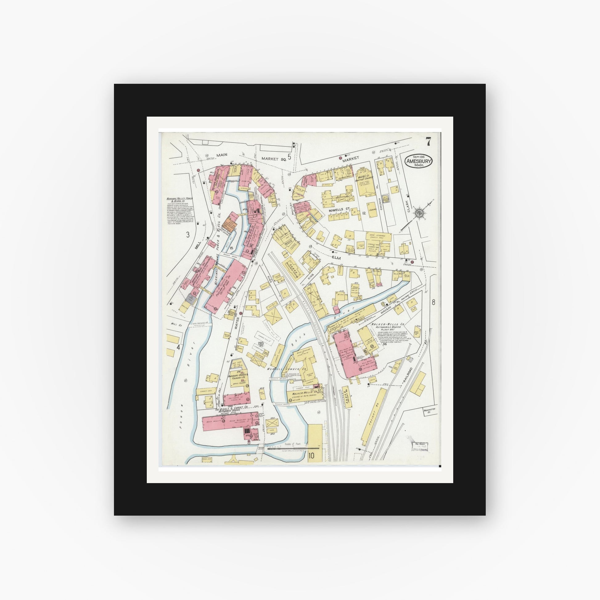 Old map wall art mockup — black gallery frame with white mat — Sanborn Fire Insurance Map from Amesbury, Essex County, Massachusetts (1918), Sheet #0007