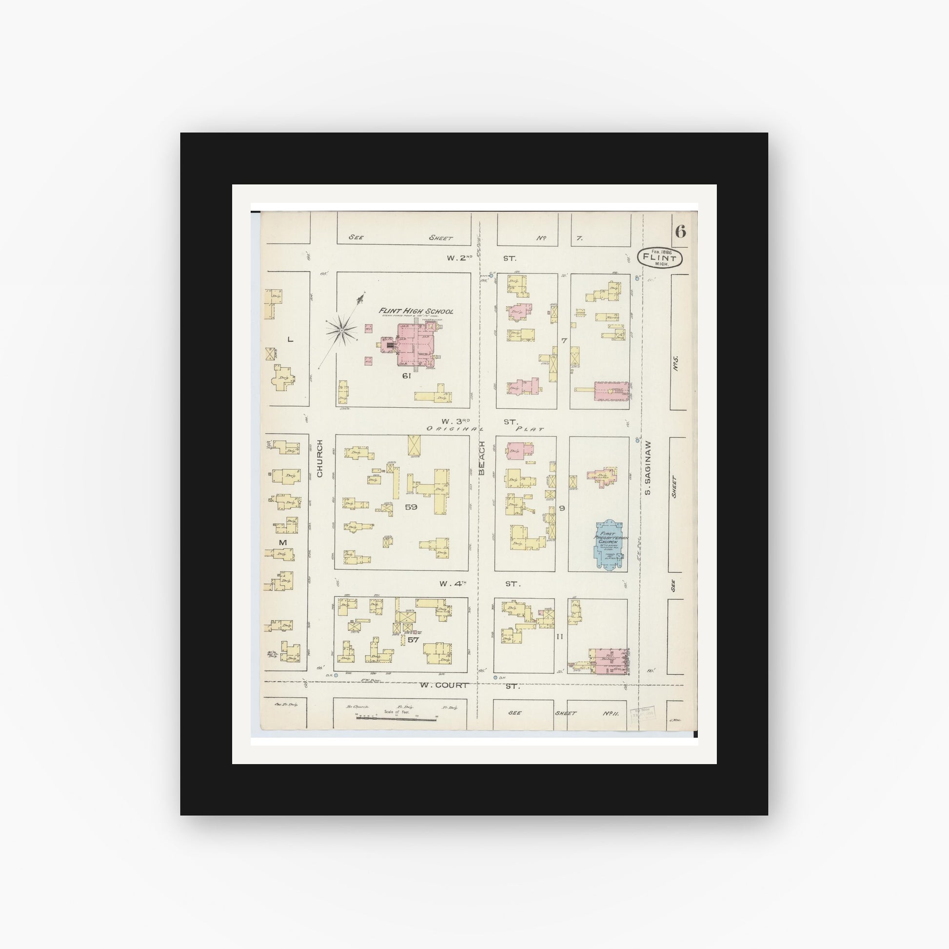 Old map wall art mockup — black gallery frame with white mat — Sanborn Fire Insurance Map from Flint, Genesee County, Michigan (1886), Sheet #0006
