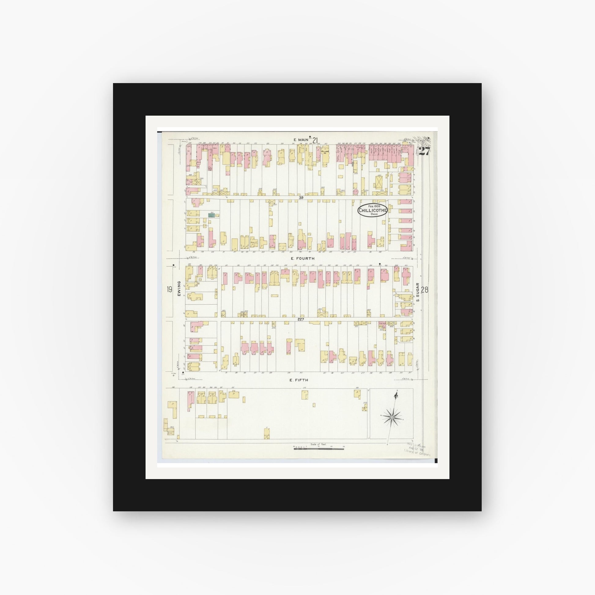 Old map wall art mockup — black gallery frame with white mat — Sanborn Fire Insurance Map from Chillicothe, Ross County, Ohio (1909), Sheet #0027