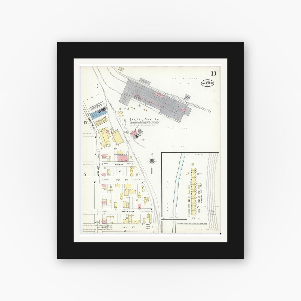Old map wall art mockup — black gallery frame with white mat — Sanborn Fire Insurance Map from Ambridge, Beaver County, Pennsylvania (1911), Sheet #0011