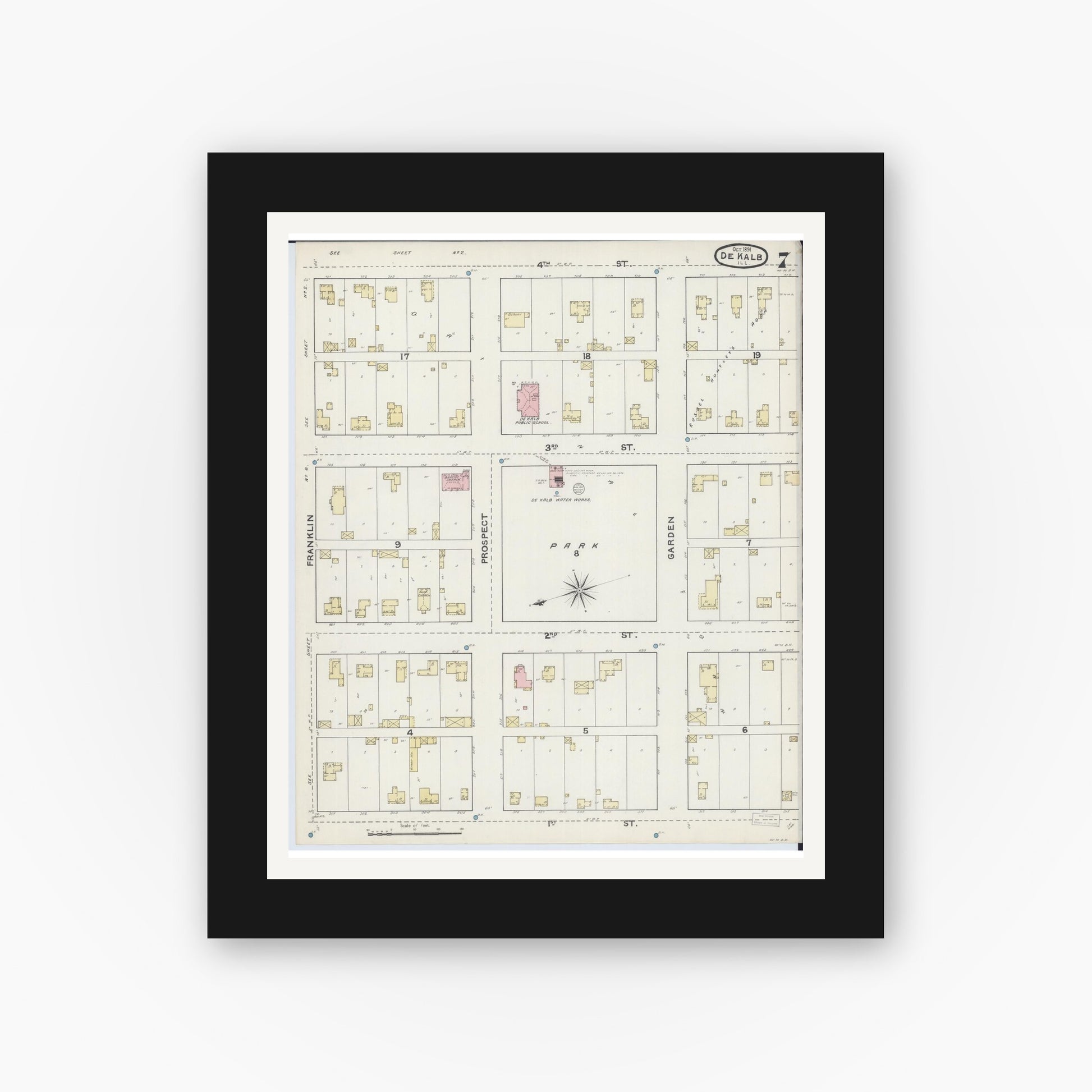 Old map wall art mockup — black gallery frame with white mat — Sanborn Fire Insurance Map from De Kalb, De Kalb County, Illinois (1891), Sheet #0007