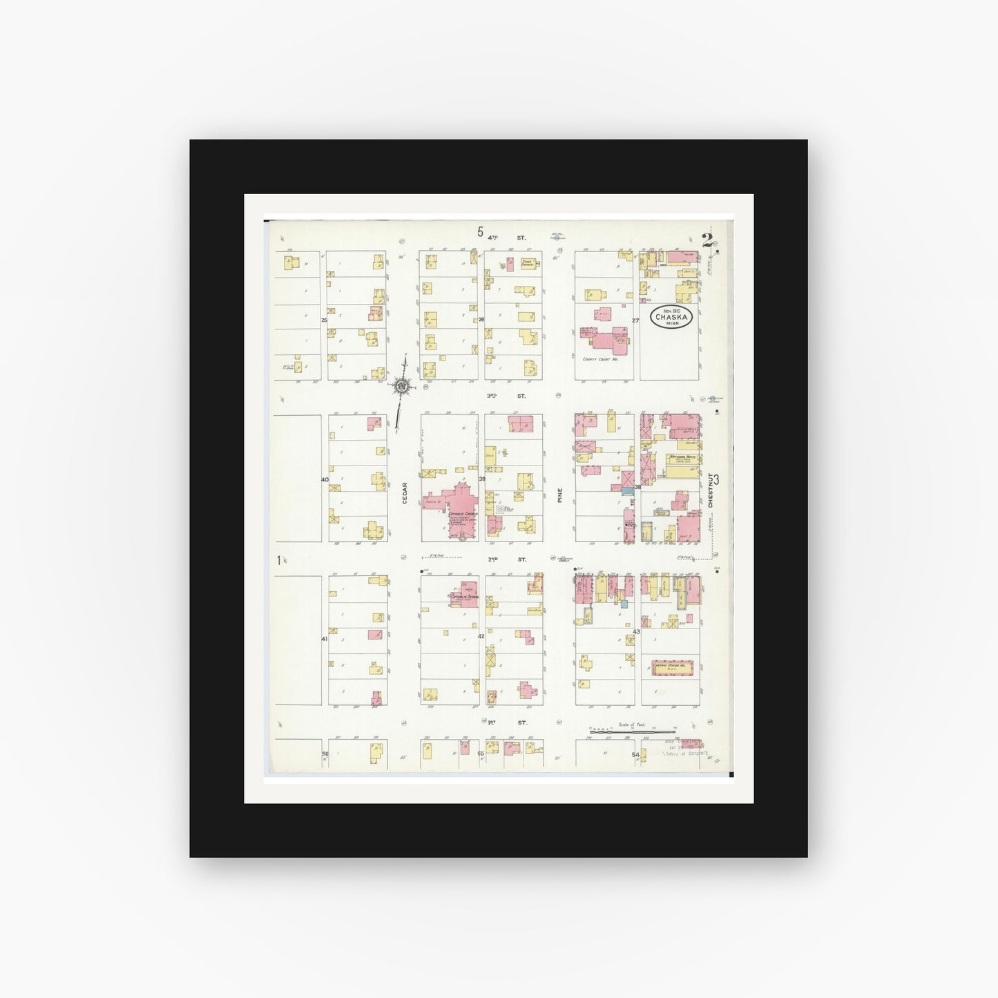 Old map wall art mockup — black gallery frame with white mat — Sanborn Fire Insurance Map from Chaska, Carver County, Minnesota (1910), Sheet #0002