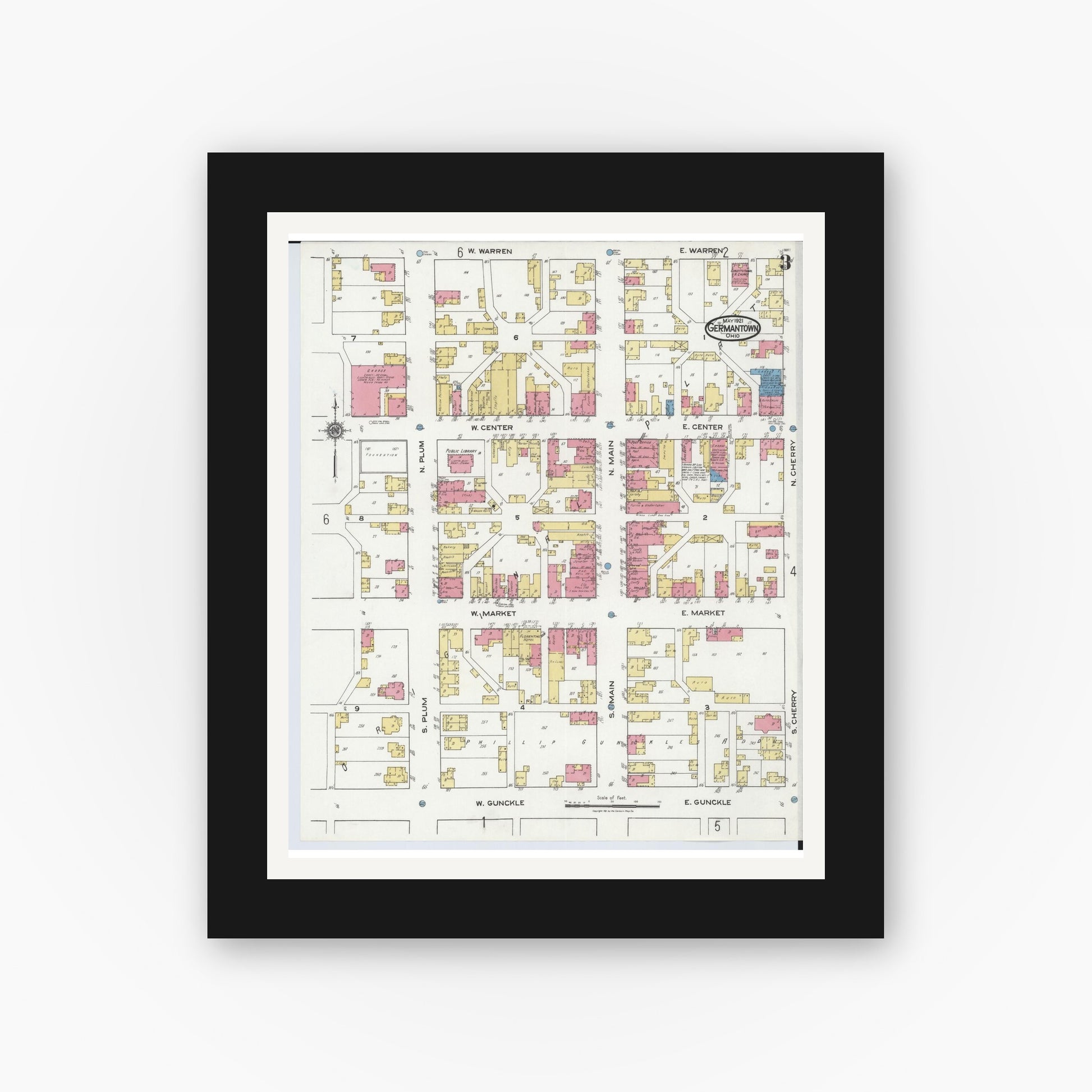 Old map wall art mockup — black gallery frame with white mat — Sanborn Fire Insurance Map from Germantown, Montgomery County, Ohio (1921), Sheet #0003