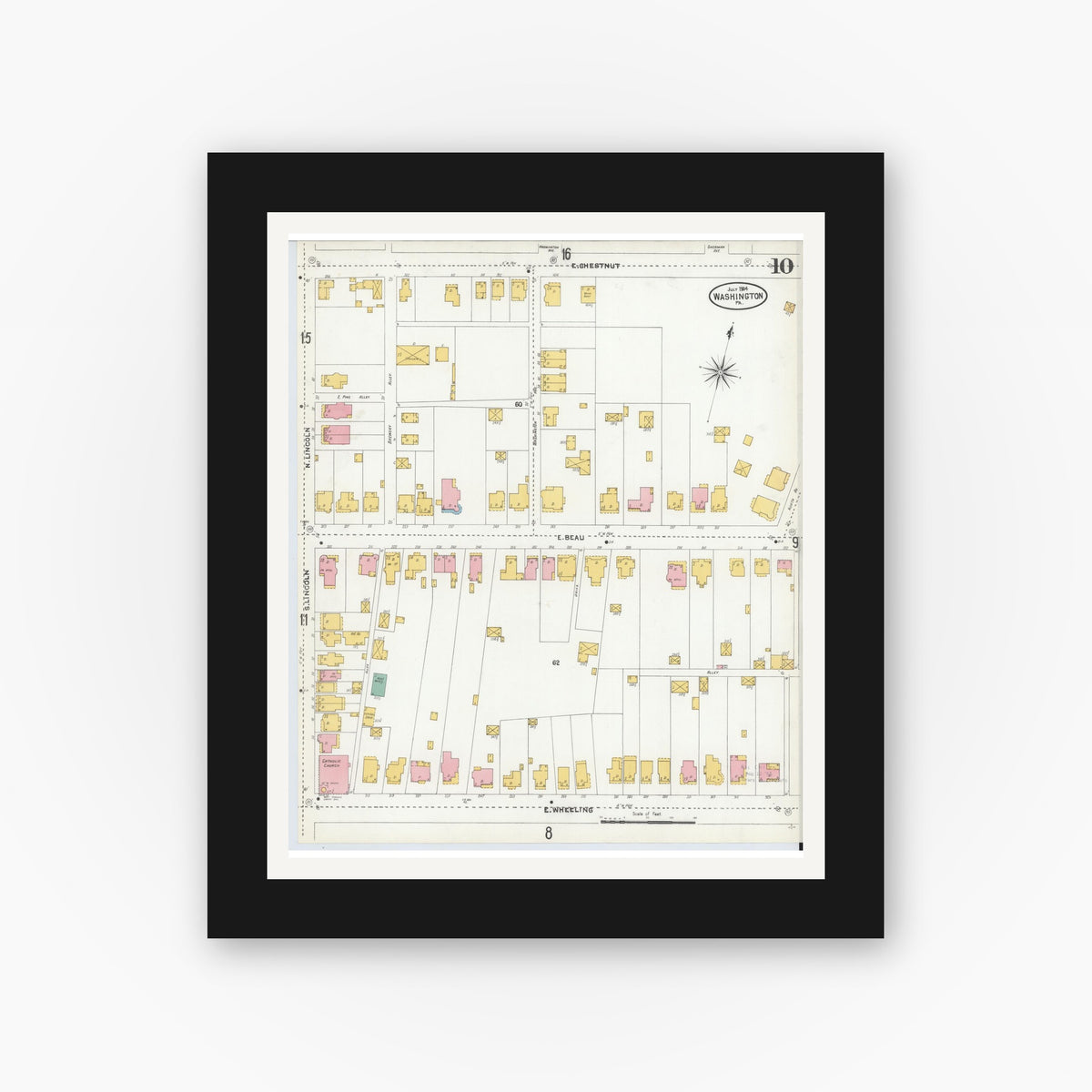 Old map wall art mockup — black gallery frame with white mat — Sanborn Fire Insurance Map from Washington, Washington County, Pennsylvania (1904), Sheet #0010