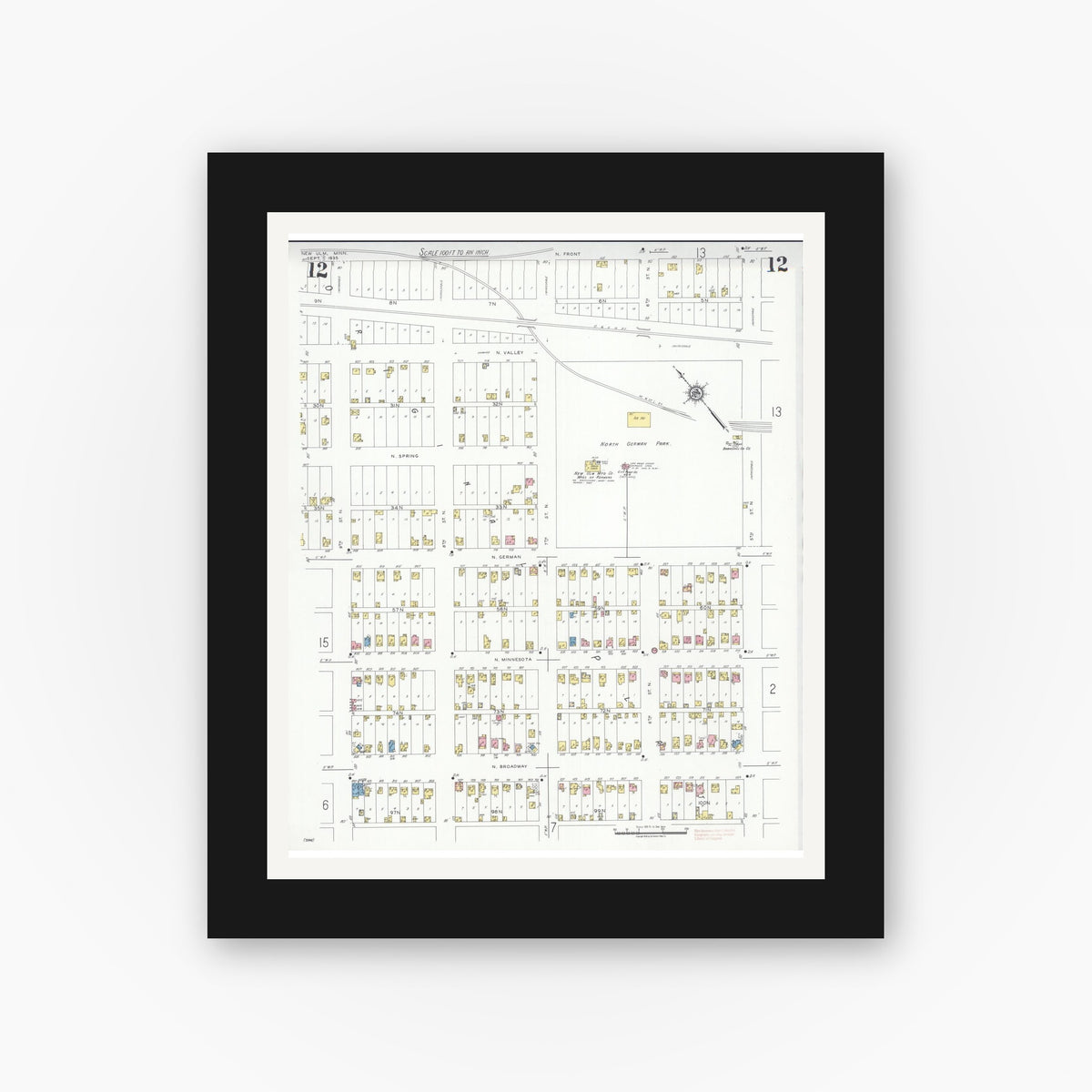 Old map wall art mockup — black gallery frame with white mat — Sanborn Fire Insurance Map from New Ulm, Brown County, Minnesota (1935), Sheet #0012
