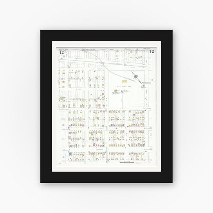 Old map wall art mockup — black gallery frame with white mat — Sanborn Fire Insurance Map from New Ulm, Brown County, Minnesota (1935), Sheet #0012