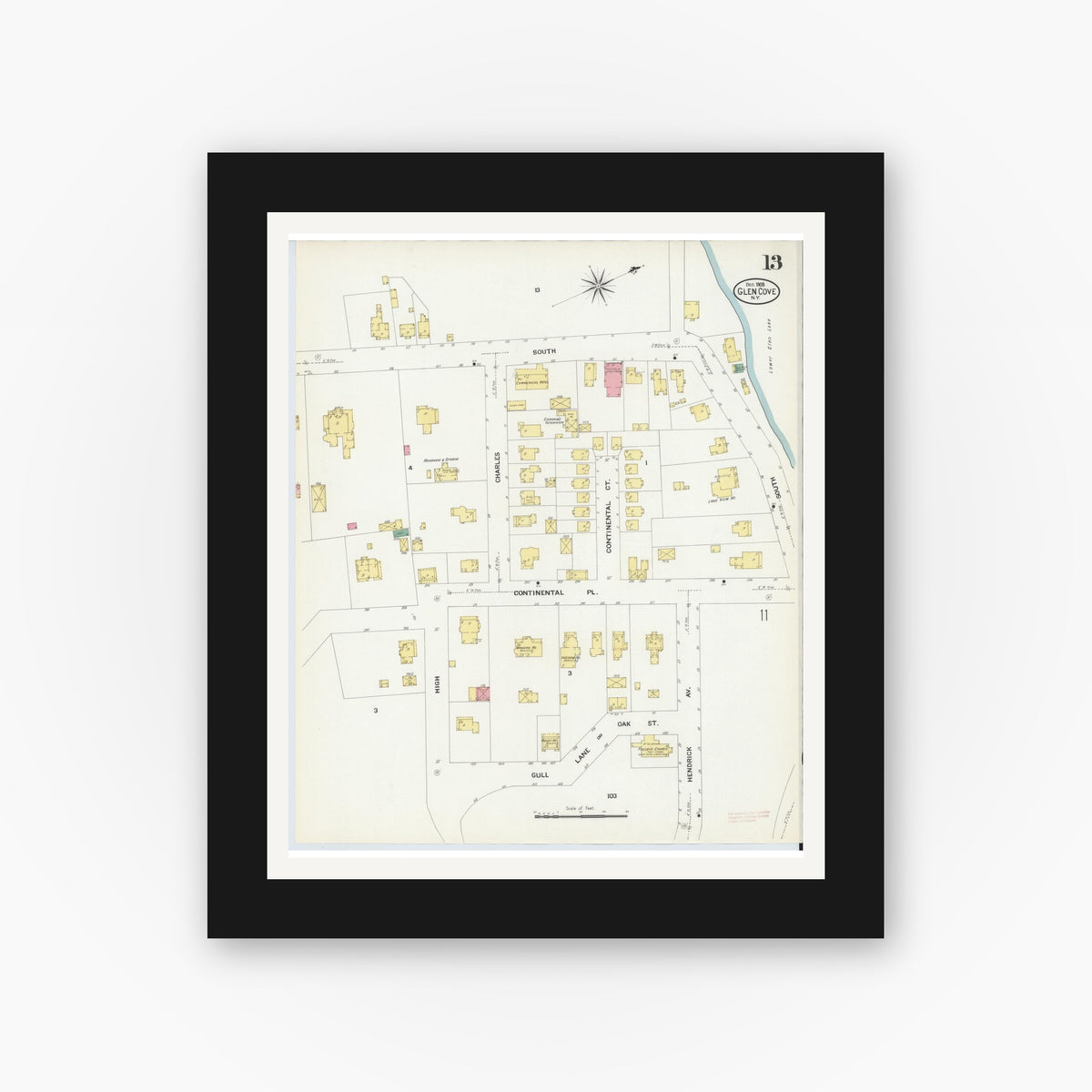 Old map wall art mockup — black gallery frame with white mat — Sanborn Fire Insurance Map from Glen Cove, Nassau County, New York (1908), Sheet #0013