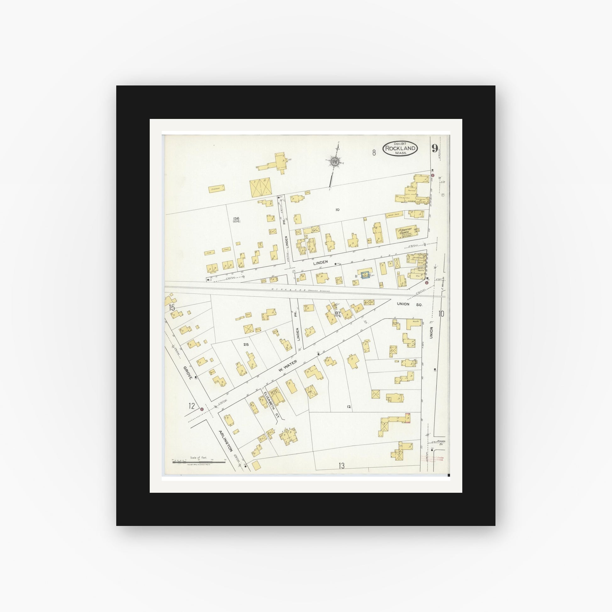 Old map wall art mockup — black gallery frame with white mat — Sanborn Fire Insurance Map from Rockland, Plymouth County, Massachusetts (1917), Sheet #0009