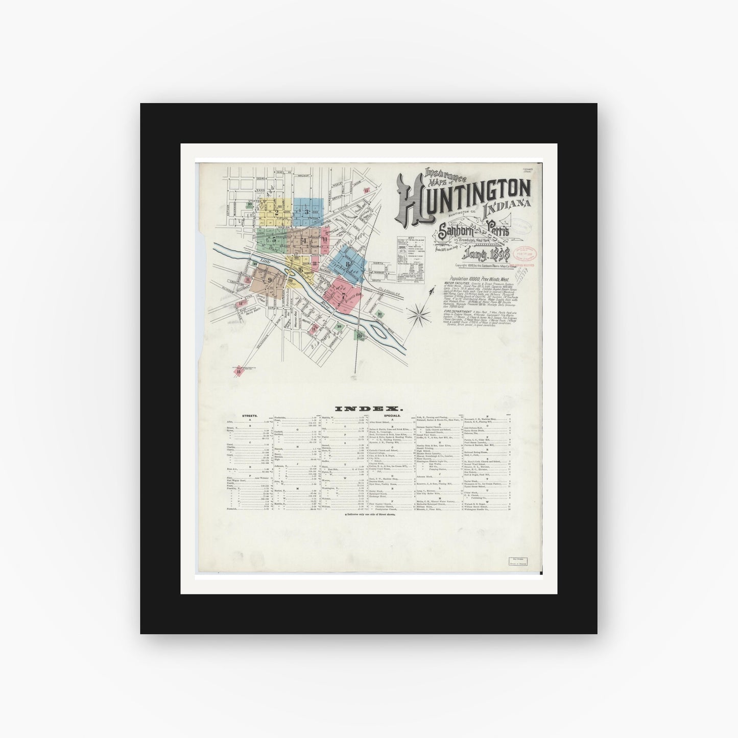 Old map wall art mockup — black gallery frame with white mat — Sanborn Fire Insurance Map from Huntington, Huntington County, Indiana (1898), Sheet #0001