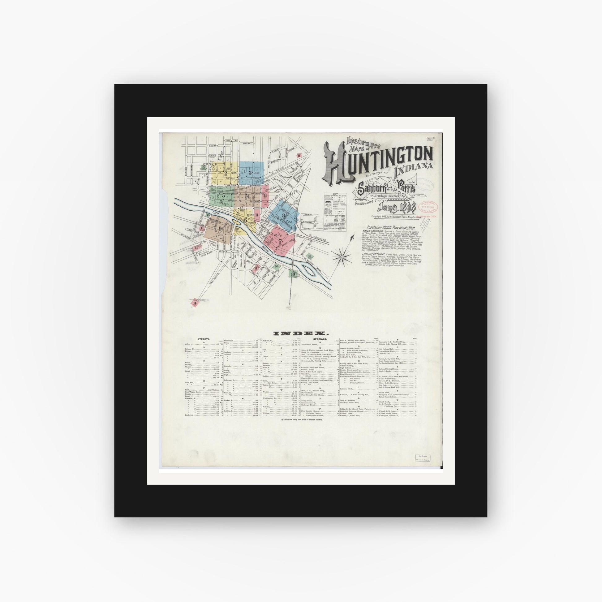 Old map wall art mockup — black gallery frame with white mat — Sanborn Fire Insurance Map from Huntington, Huntington County, Indiana (1898), Sheet #0001