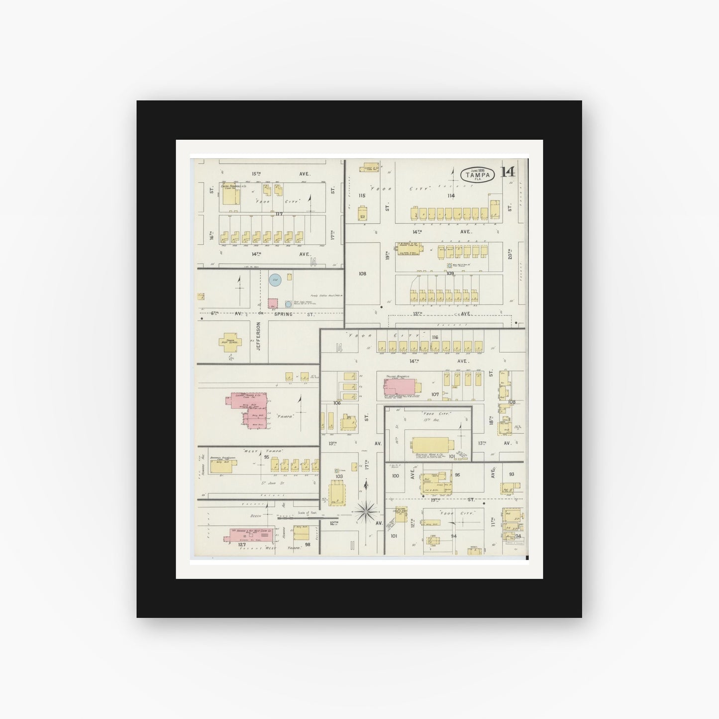 Old map wall art mockup — black gallery frame with white mat — Sanborn Fire Insurance Map from Tampa, Hillsborough County, Florida (1895), Sheet #0018