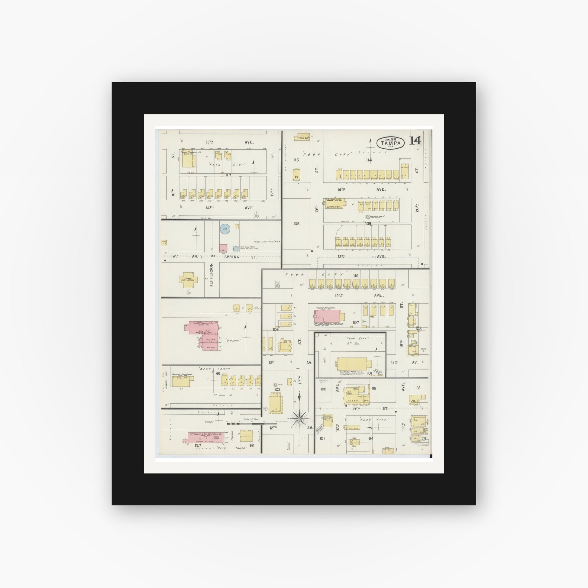 Old map wall art mockup — black gallery frame with white mat — Sanborn Fire Insurance Map from Tampa, Hillsborough County, Florida (1895), Sheet #0018