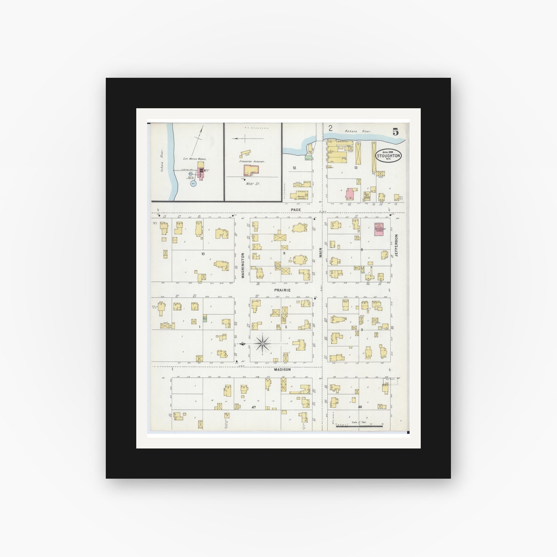 Old map wall art mockup — black gallery frame with white mat — Sanborn Fire Insurance Map from Stoughton, Dane County, Wisconsin (1898), Sheet #0005