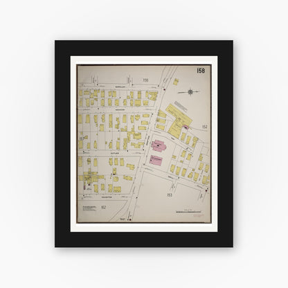 Old map wall art mockup — black gallery frame with white mat — Sanborn Fire Insurance Map from Worcester, Worcester County, Massachusetts (1910), Sheet #0158