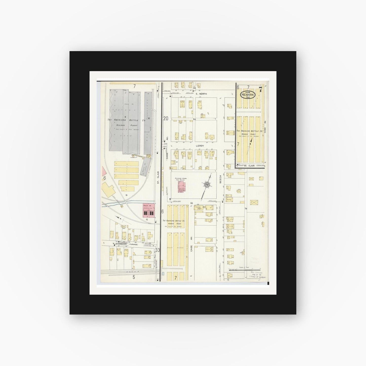 Old map wall art mockup — black gallery frame with white mat — Sanborn Fire Insurance Map from Newark, Licking County, Ohio (1912), Sheet #0007