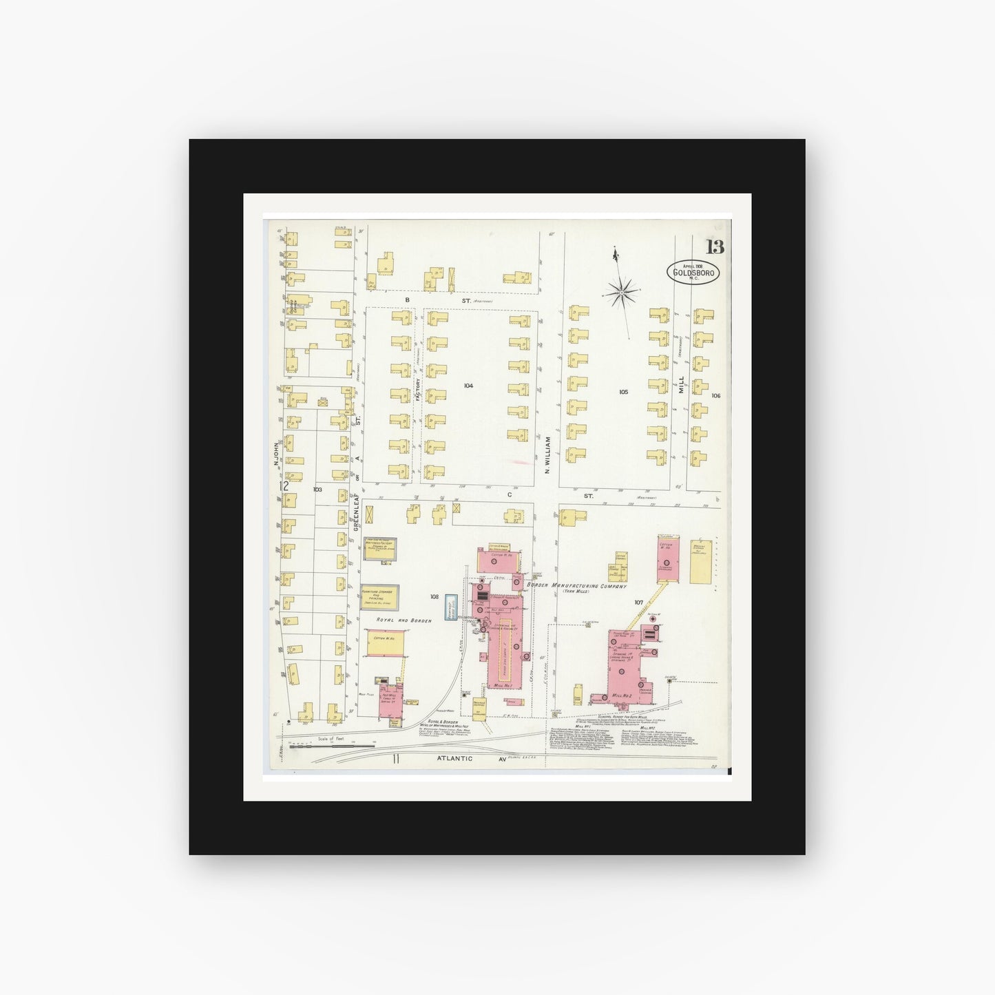 Old map wall art mockup — black gallery frame with white mat — Sanborn Fire Insurance Map from Goldsboro, Wayne County, North Carolina (1908), Sheet #0013