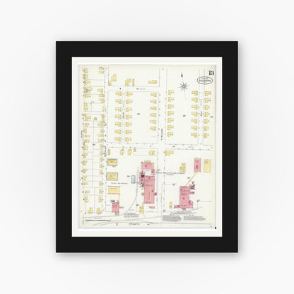 Old map wall art mockup — black gallery frame with white mat — Sanborn Fire Insurance Map from Goldsboro, Wayne County, North Carolina (1908), Sheet #0013