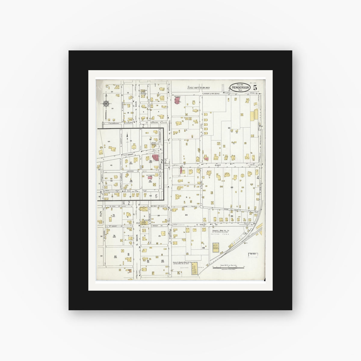 Old map wall art mockup — black gallery frame with white mat — Sanborn Fire Insurance Map from Henderson, Rusk County, Texas (1919), Sheet #0005