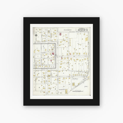 Old map wall art mockup — black gallery frame with white mat — Sanborn Fire Insurance Map from Henderson, Rusk County, Texas (1919), Sheet #0005