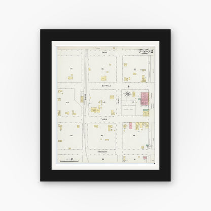Old map wall art mockup — black gallery frame with white mat — Sanborn Fire Insurance Map from Gilmer, Upshur County, Texas (1891), Sheet #0002