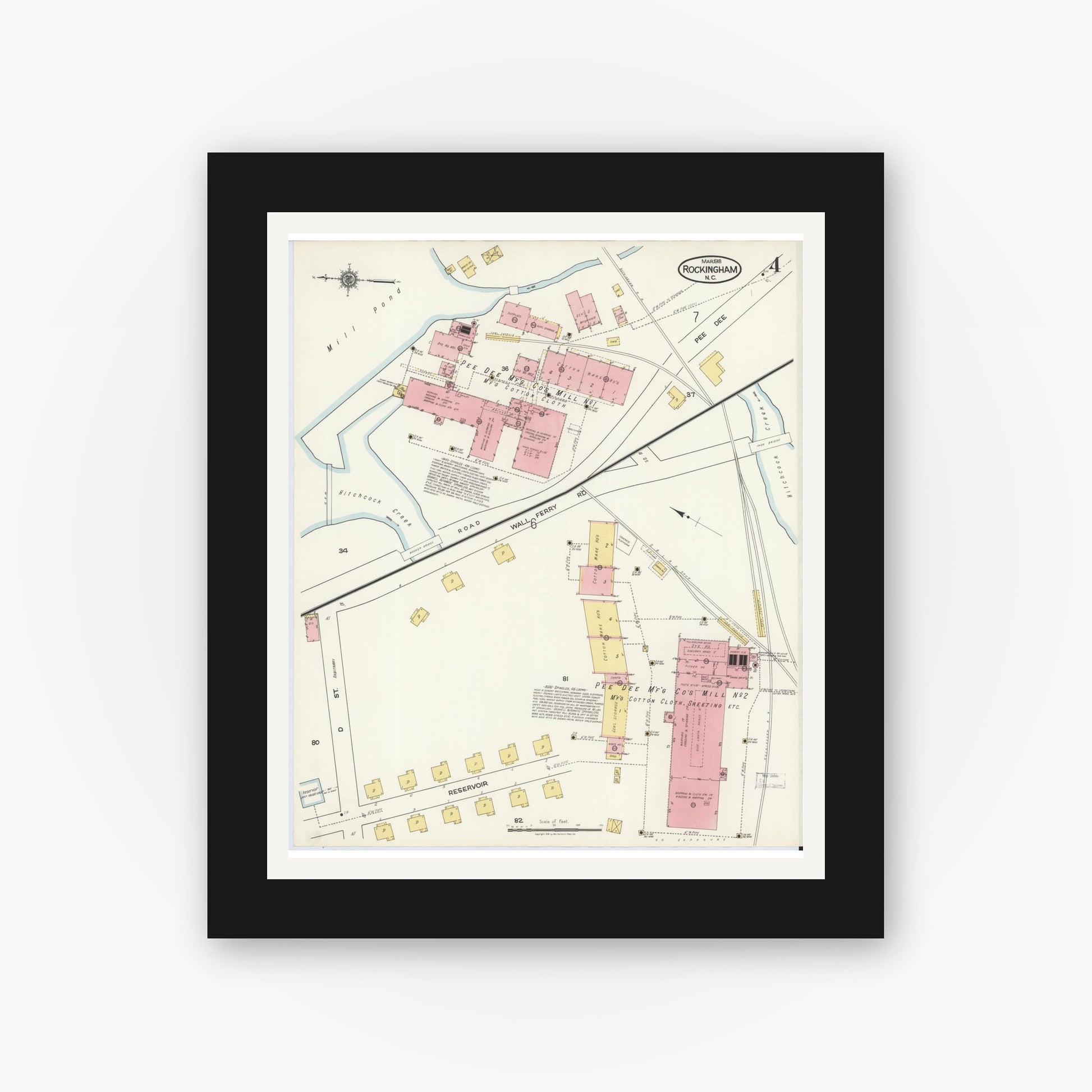 Old map wall art mockup — black gallery frame with white mat — Sanborn Fire Insurance Map from Rockingham, Richmond County, North Carolina (1918), Sheet #0004