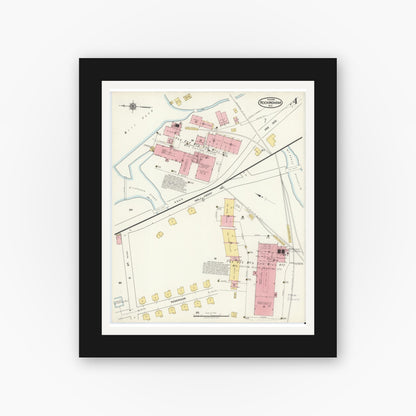 Old map wall art mockup — black gallery frame with white mat — Sanborn Fire Insurance Map from Rockingham, Richmond County, North Carolina (1918), Sheet #0004