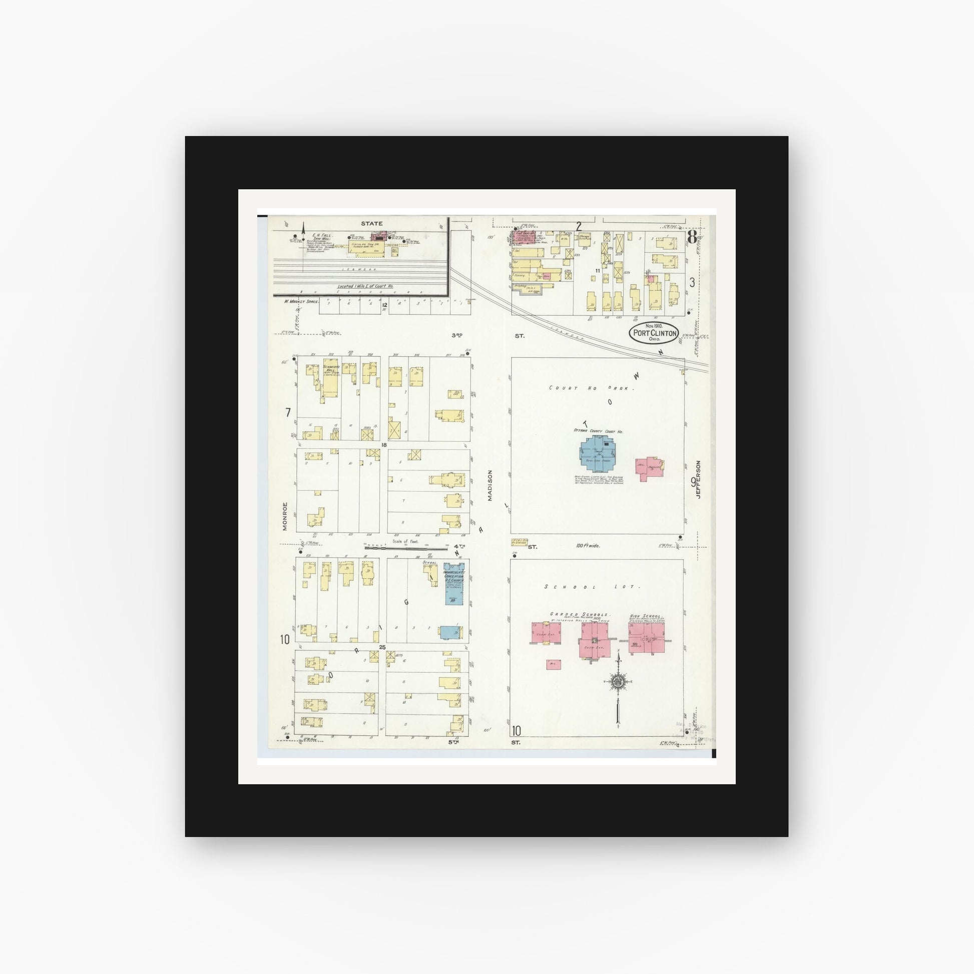 Old map wall art mockup — black gallery frame with white mat — Sanborn Fire Insurance Map from Port Clinton, Ottawa County, Ohio (1910), Sheet #0008