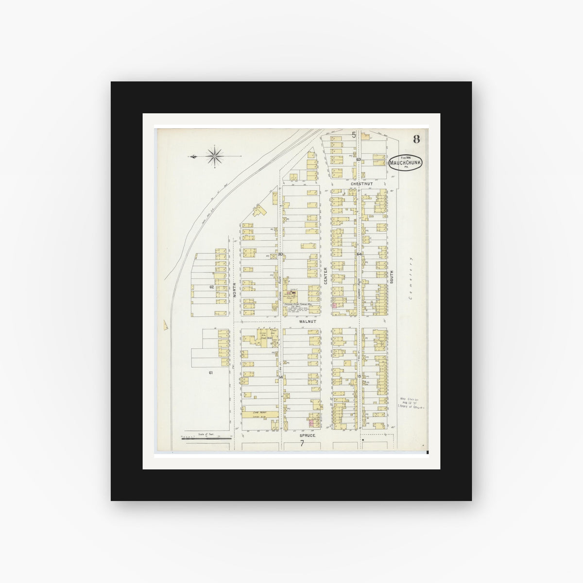 Old map wall art mockup — black gallery frame with white mat — Sanborn Fire Insurance Map from Mauch Chunk, Carbon County, Pennsylvania (1896), Sheet #0008