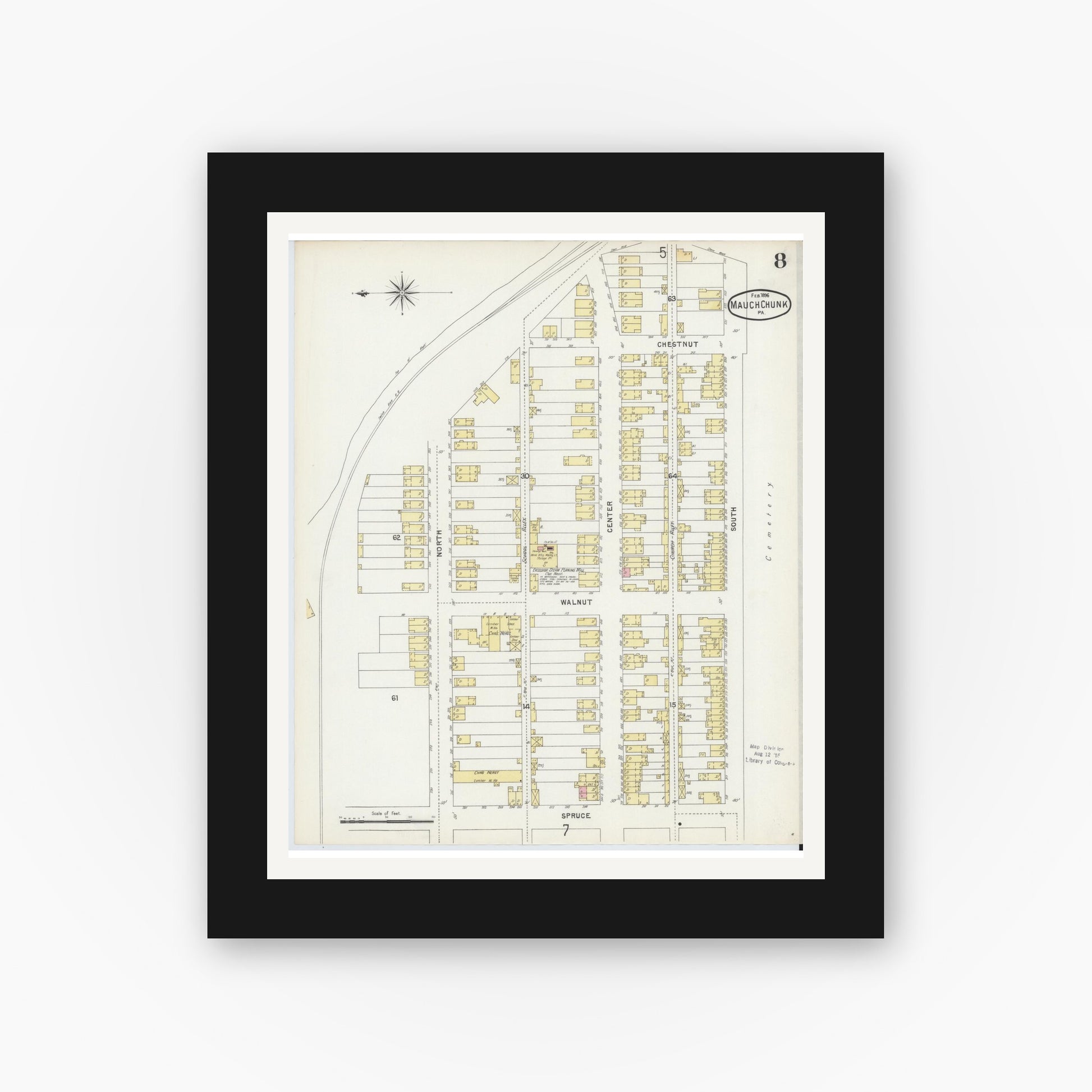 Old map wall art mockup — black gallery frame with white mat — Sanborn Fire Insurance Map from Mauch Chunk, Carbon County, Pennsylvania (1896), Sheet #0008