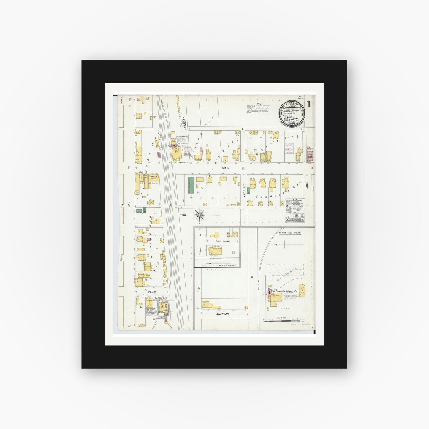 Old map wall art mockup — black gallery frame with white mat — Sanborn Fire Insurance Map from Ansonia, Darke County, Ohio (1901) - Complete Map Set