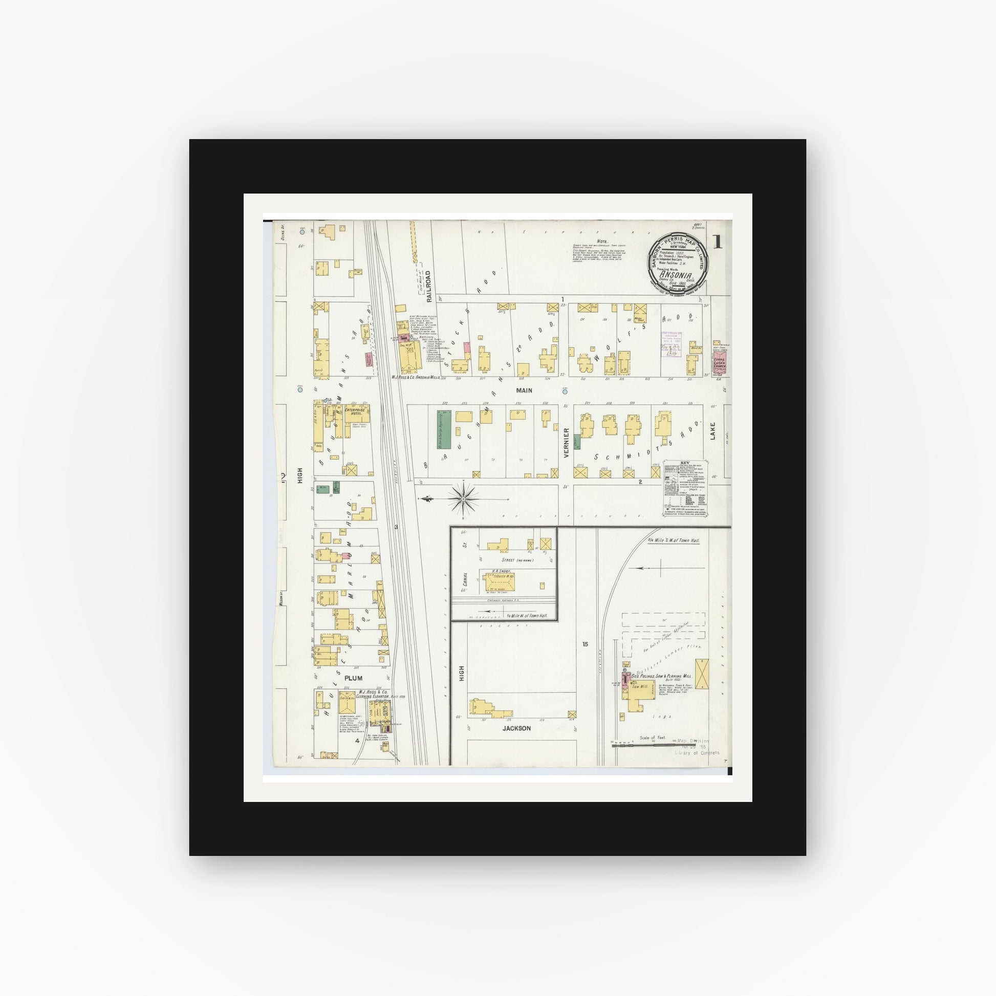 Old map wall art mockup — black gallery frame with white mat — Sanborn Fire Insurance Map from Ansonia, Darke County, Ohio (1901) - Complete Map Set