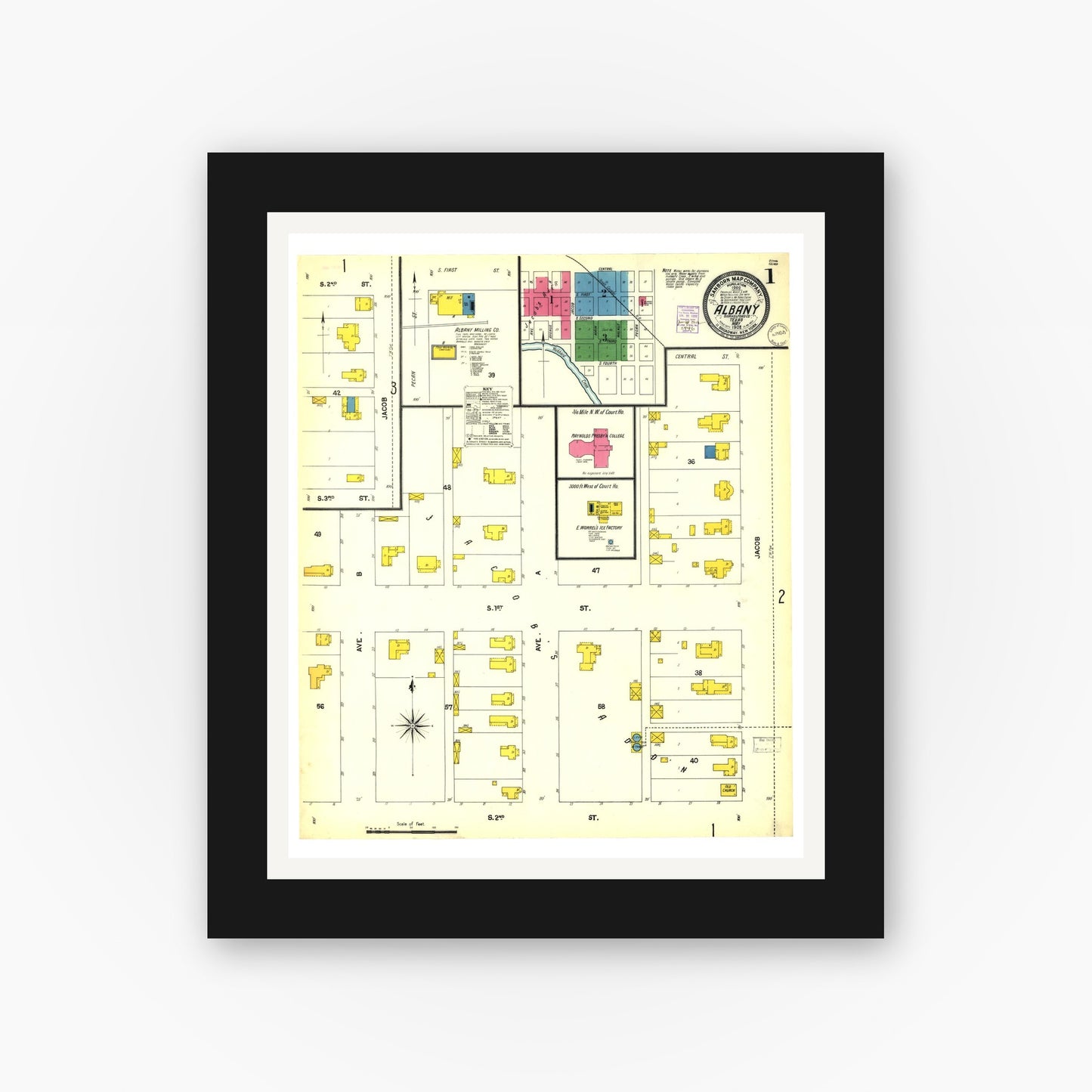 Old map wall art mockup — black gallery frame with white mat — Sanborn Fire Insurance Map from Albany, Shackelford County, Texas (1902), Sheet #0001